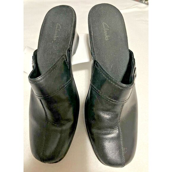 Clarks Black Leather Woman's Clogs Slip On, Size US 7.5 - Picture 2 of 7
